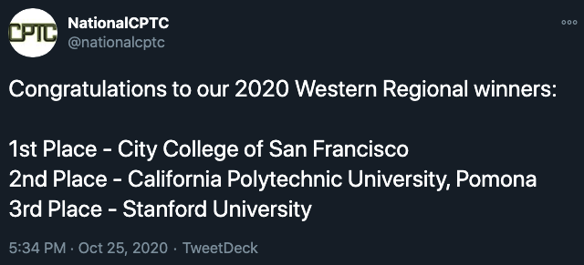 Twitter of National CPTC announcing the 3 first places of CPTC-West 2020